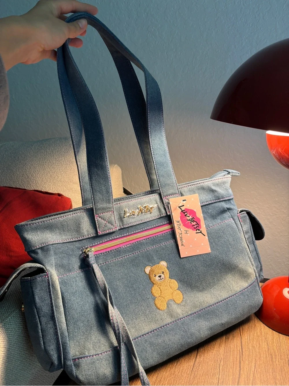 NWT Betsey Cute Blue Denim Tote Bag with Teddy Embroidery
